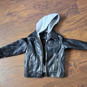 Black Rivet Kids Black Faux Leather Jacket with Gray Hood 4 new with tags